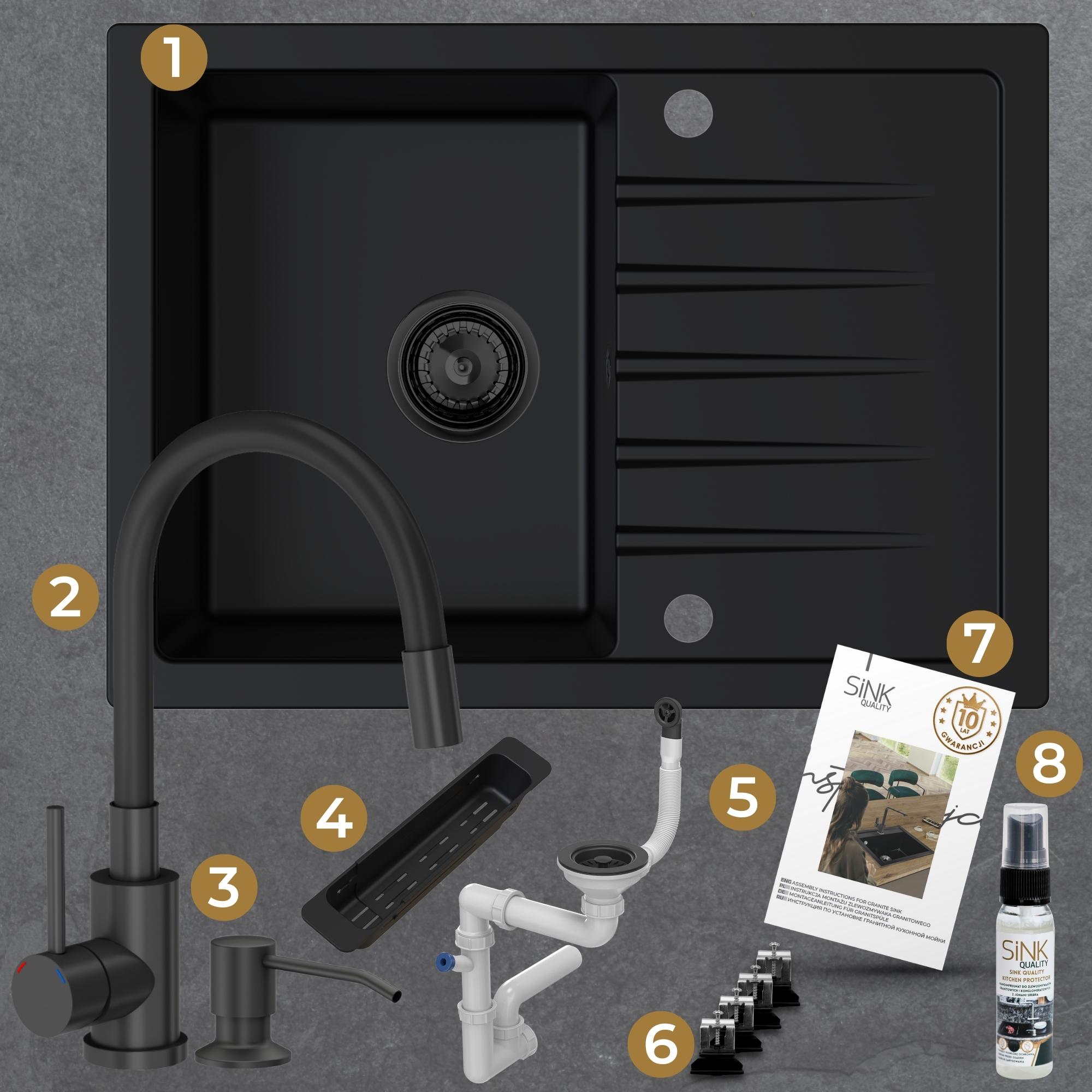 Zestaw gotowy do montażu - zlew, bateria, dozownik, mata, syfon, zaczepy, instrukcja, gwarancja, impregnat